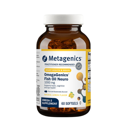 Metagenics OmegaGenics frente del envase mostrando la marca y dosis, aporta confianza