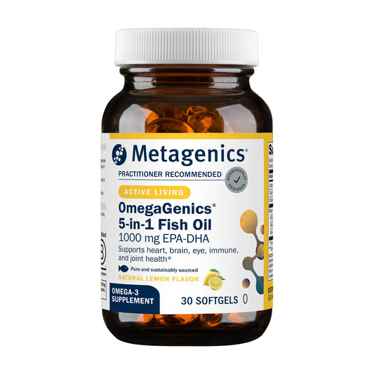 Metagenics envase frontal mostrando omega‑3 y beneficio cardiovascular