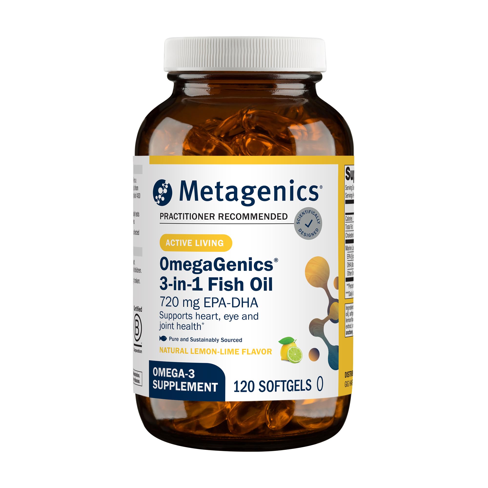 Metagenics OmegaGenics frontal del envase mostrando la marca y beneficio de omega‑3