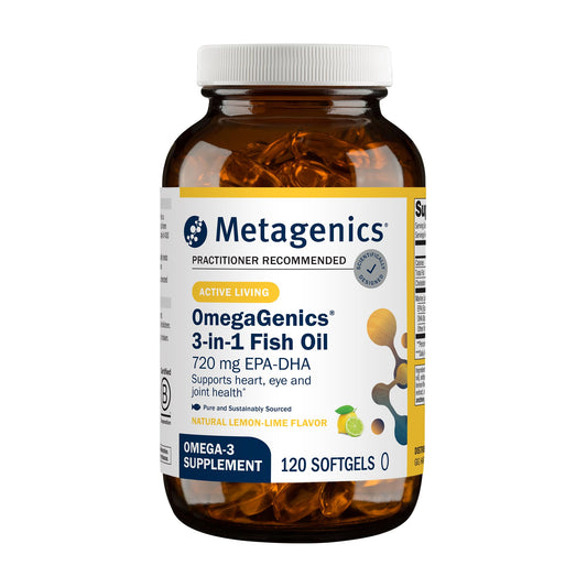 Metagenics OmegaGenics frontal del envase mostrando la marca y beneficio de omega‑3