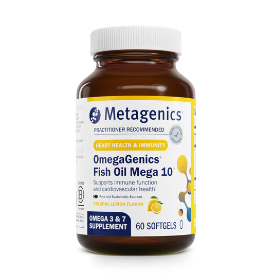 Metagenics OmegaGenics frontal del envase mostrando marca y beneficios
