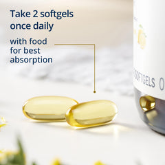 Botella Metagenics OmegaGenics junto a alimentos marinos para contexto de uso
