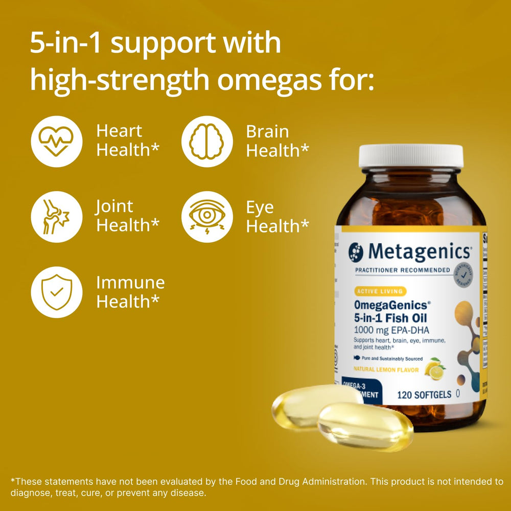 Metagenics gota de aceite omega‑3 que muestra textura y frescura beneficiosa