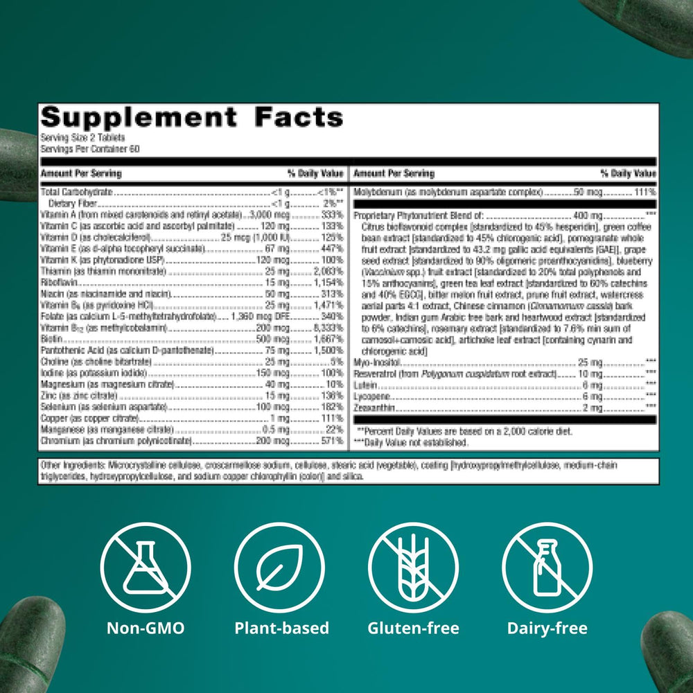 Metagenics etiqueta nutricional detallando vitaminas, minerales y fitoquímicos