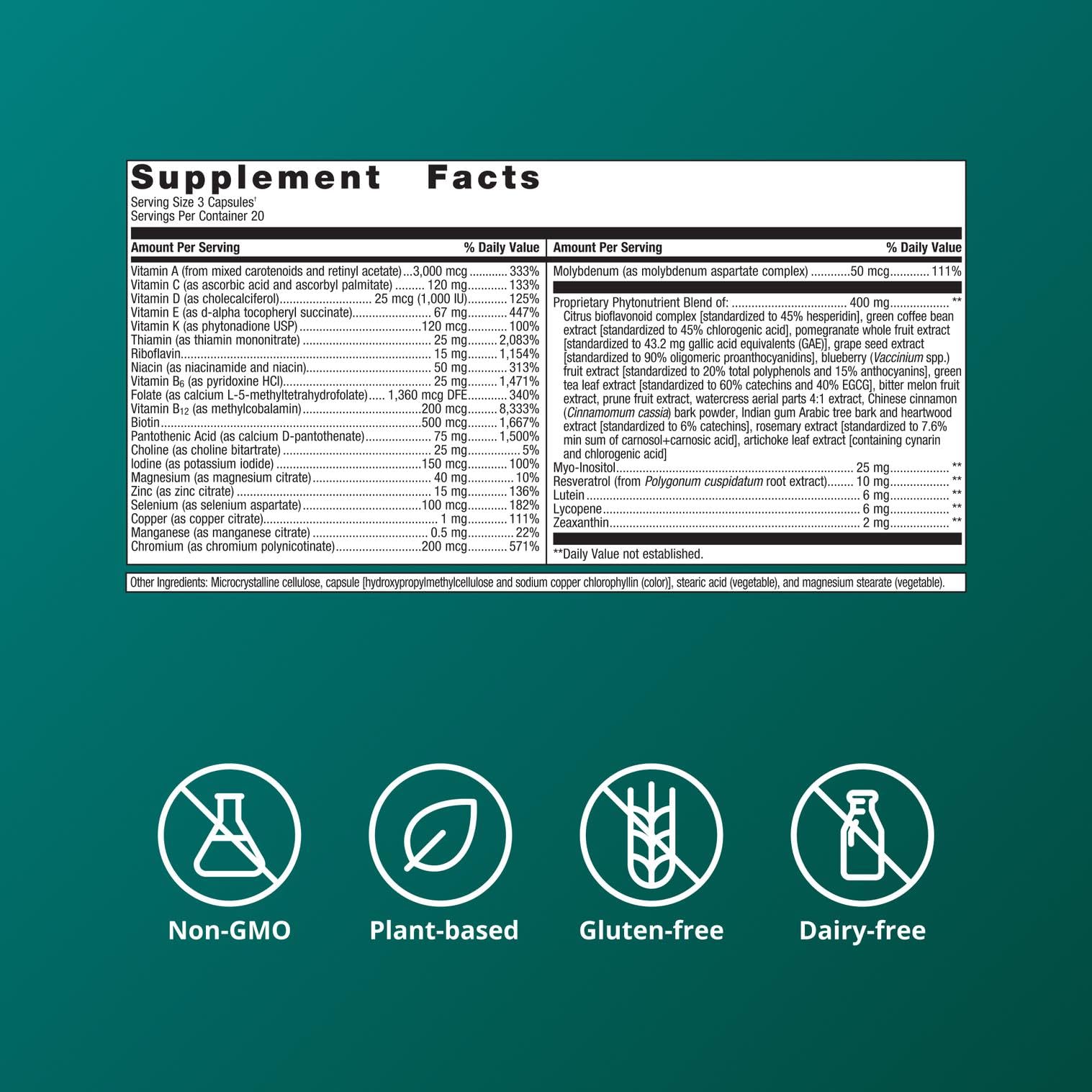 Metagenics PhytoMulti etiqueta nutricional visible indicando vitaminas y minerales