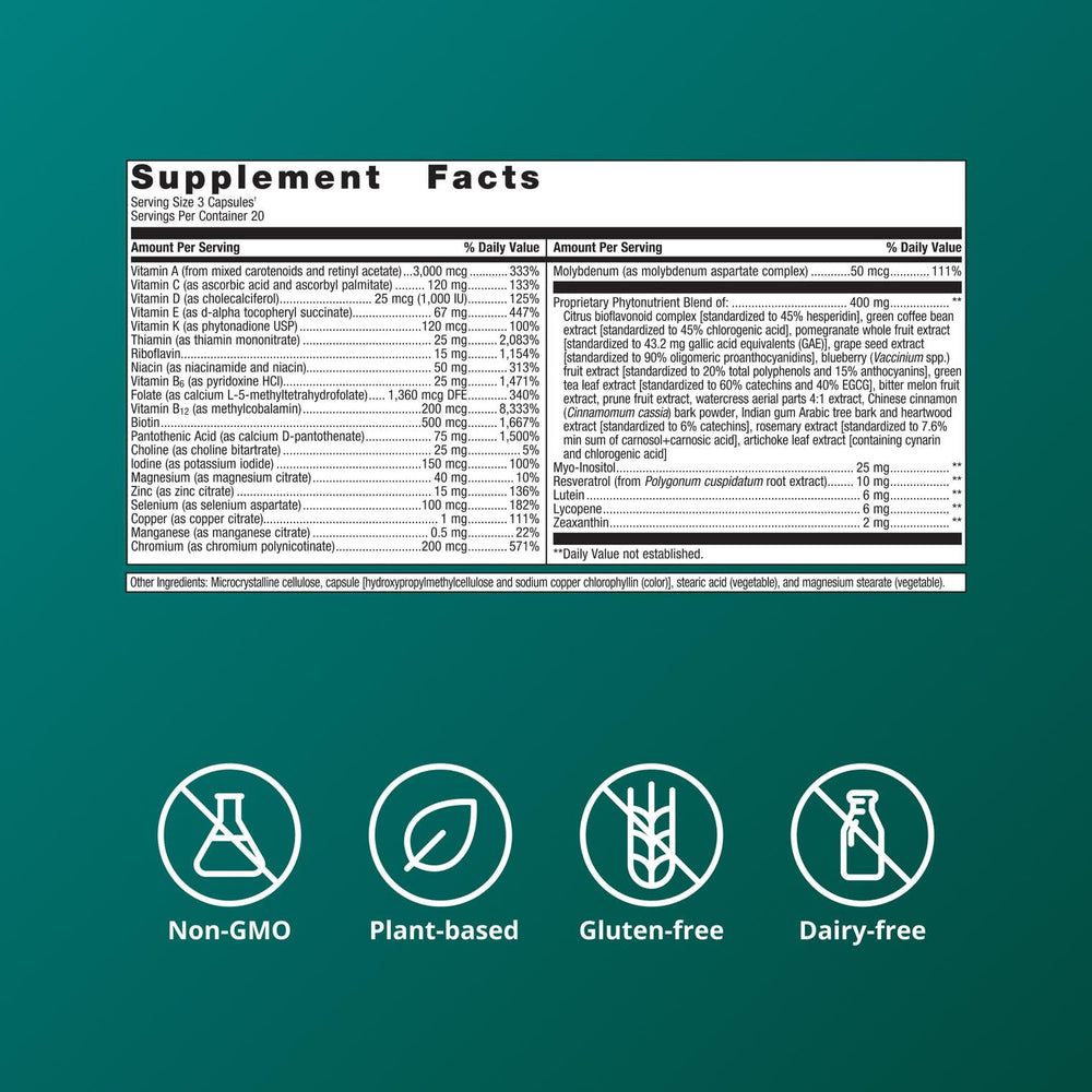 Metagenics PhytoMulti etiqueta nutricional visible indicando vitaminas y minerales