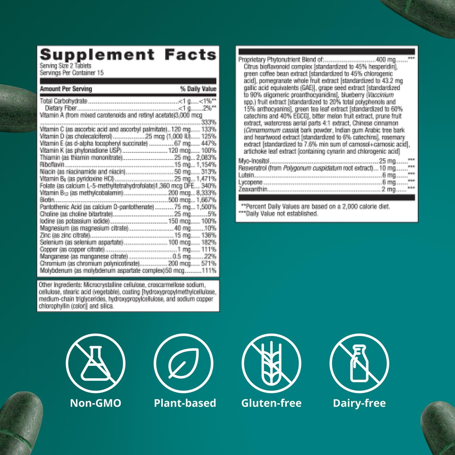 Metagenics PhytoMulti etiqueta nutricional que muestra vitaminas y minerales