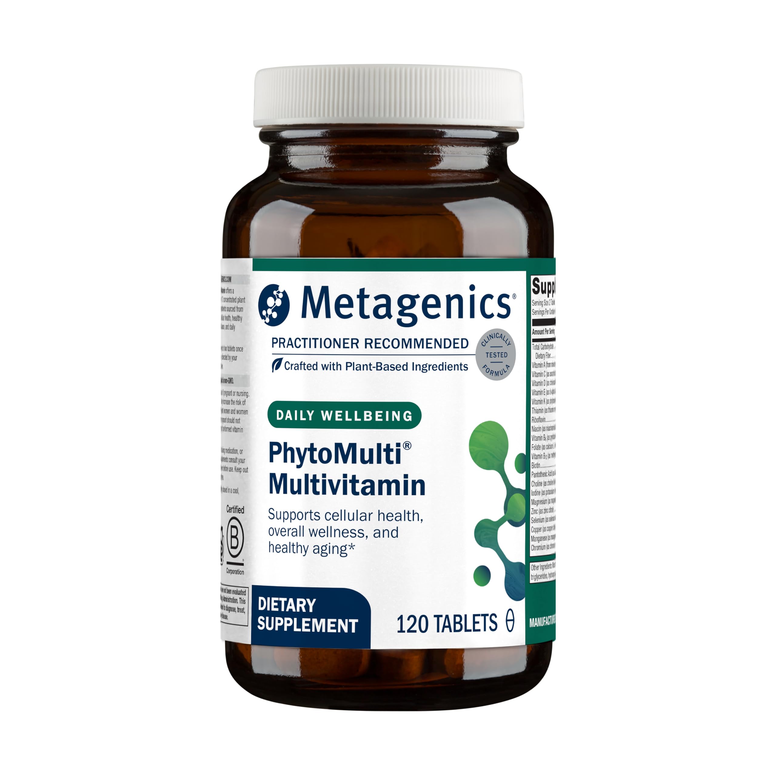 Metagenics PhytoMulti frontal del envase mostrando 120 tabletas y beneficios