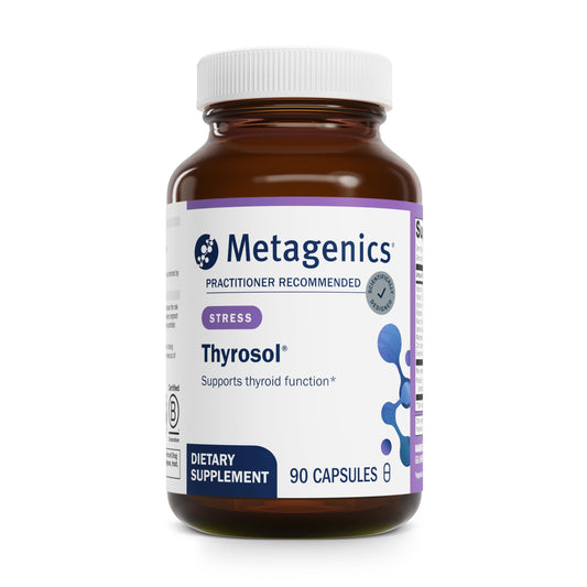 Metagenics Thyrosol frasco frontal mostrando la presentación y beneficios
