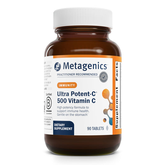 Metagenics envase frontal mostrando Ultra Potent-C 500 y beneficios