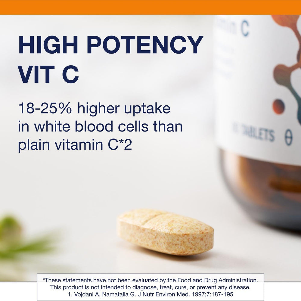 Metagenics etiqueta con información de vitamina C y certificaciones