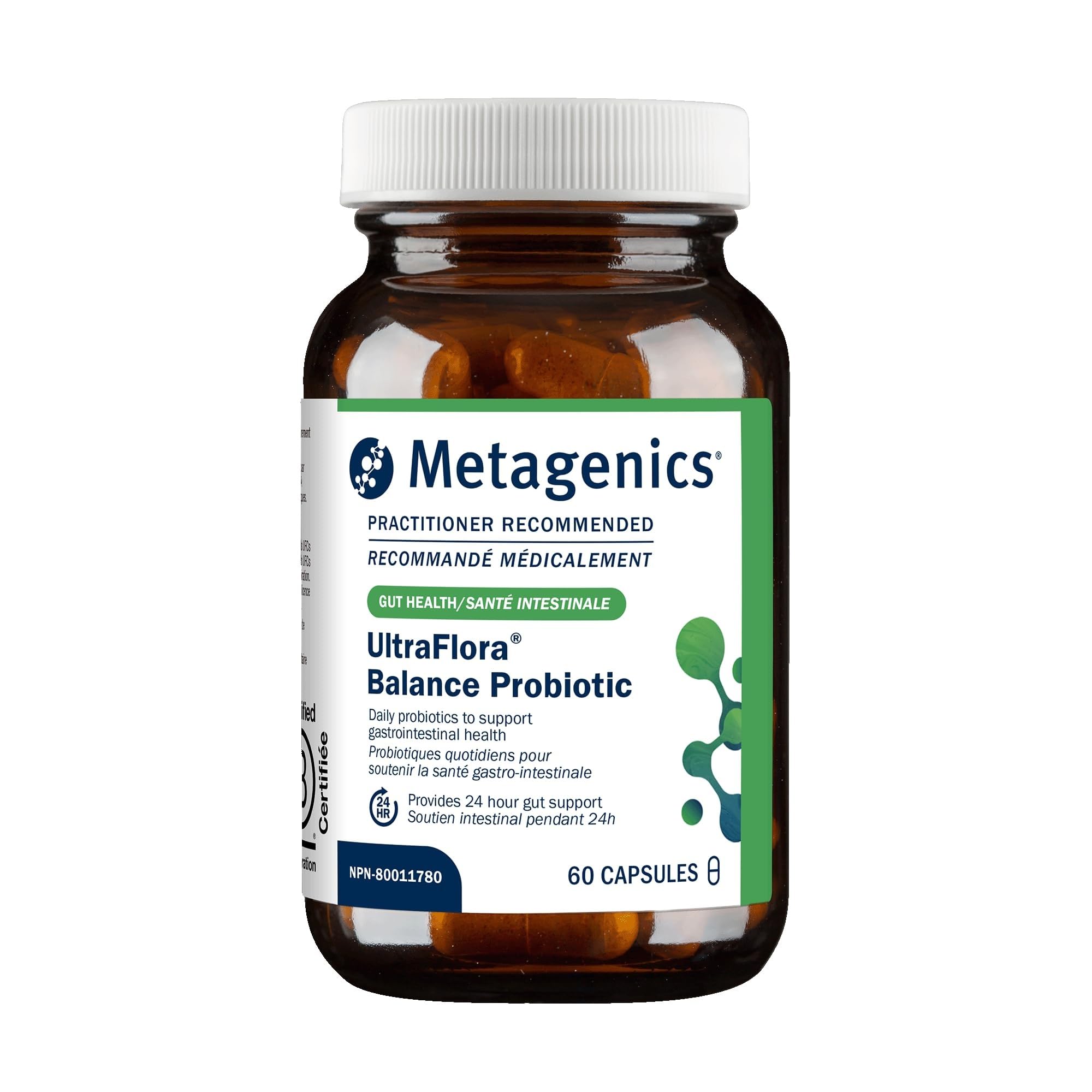 Metagenics envase frontal mostrando UltraFlora Balance y conveniencia