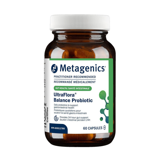 Metagenics envase frontal mostrando UltraFlora Balance y conveniencia