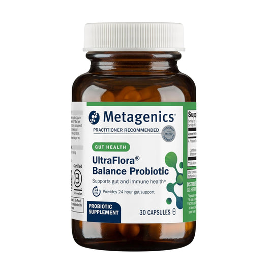 Metagenics UltraFlora Balance vista frontal del frasco para identificación y confianza