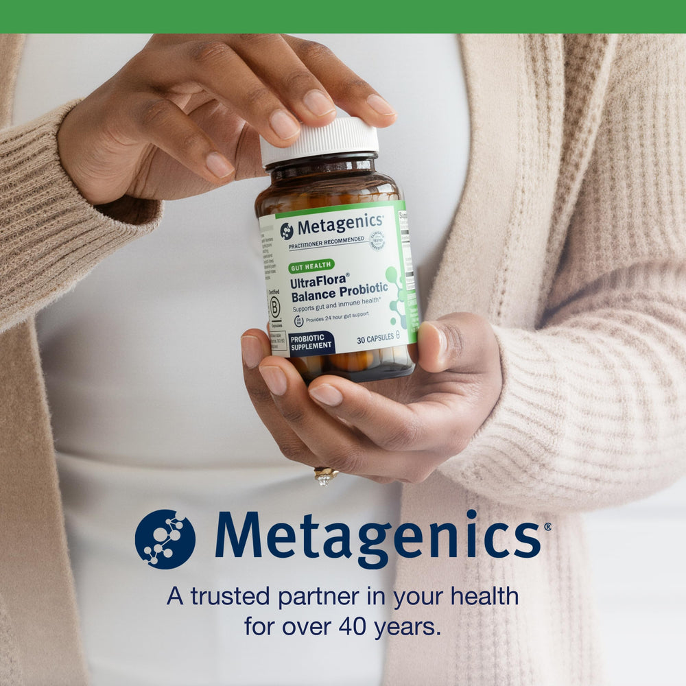 Metagenics UltraFlora Balance frasco en ambiente lifestyle que inspira uso constante