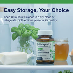 Metagenics UltraFlora Balance cápsula junto a alimentos saludables sugiriendo integración diaria