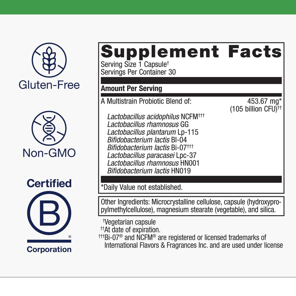Metagenics UltraFlora BiomePro label close-up highlighting 105B CFU multi-strain mix
