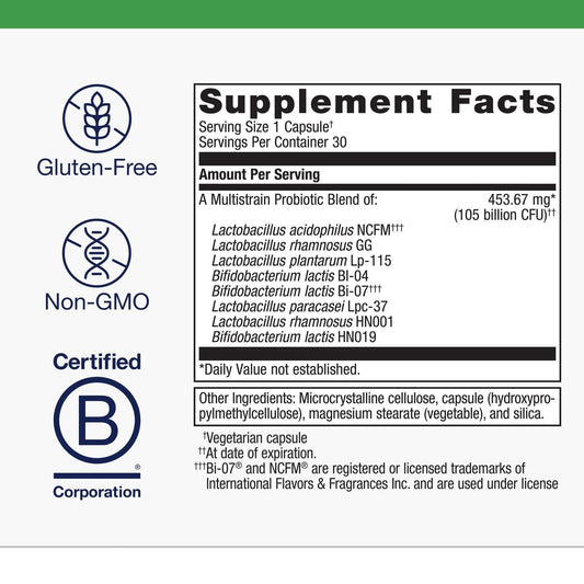 Metagenics UltraFlora BiomePro label close-up highlighting 105B CFU multi-strain mix