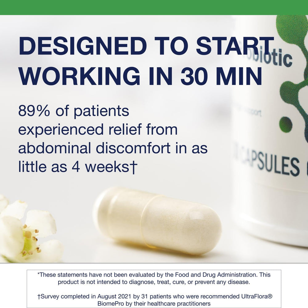 Metagenics UltraFlora BiomePro shelf-stable packaging indicating no refrigeration