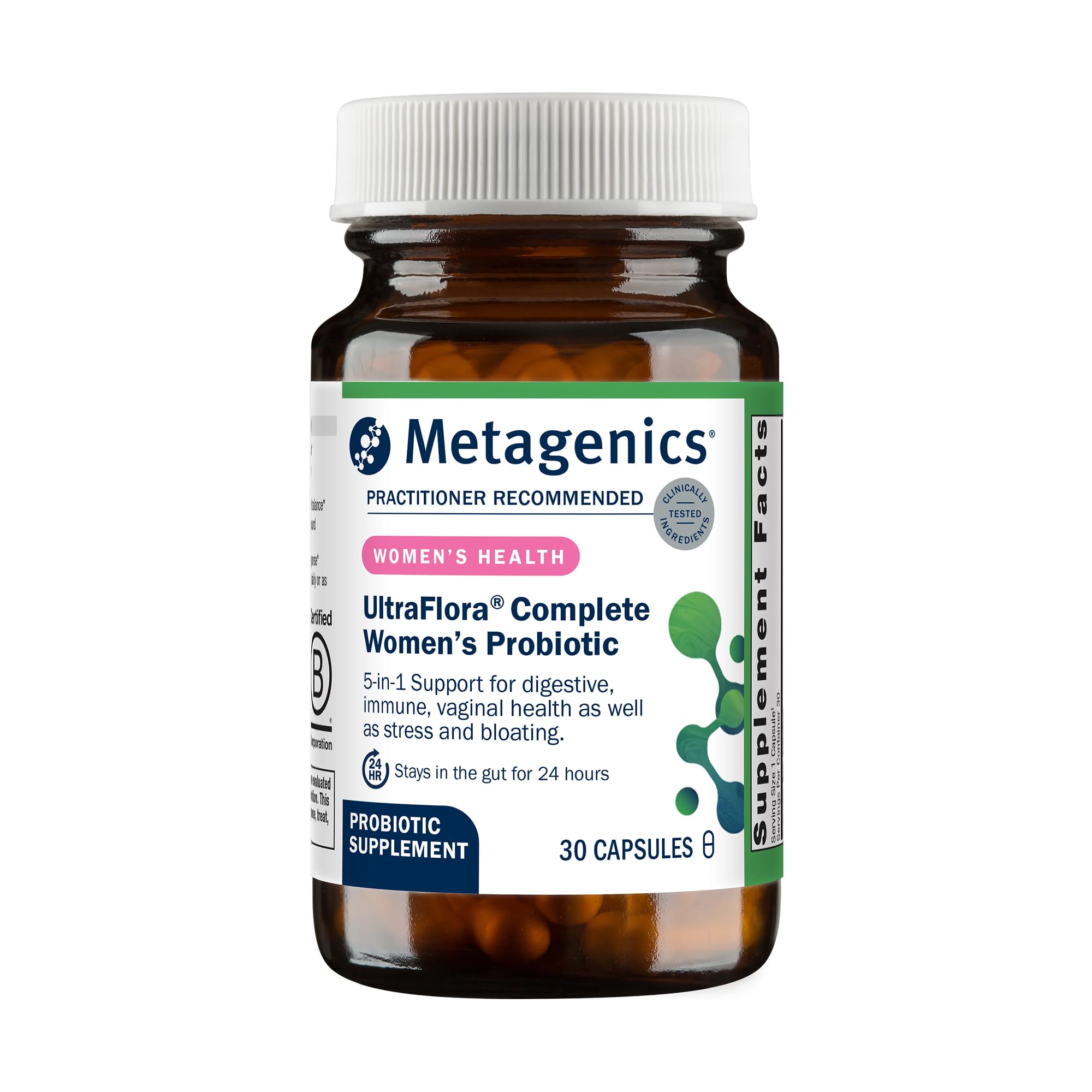Metagenics UltraFlora Complete frontal del envase mostrando 30 cápsulas y conveniencia