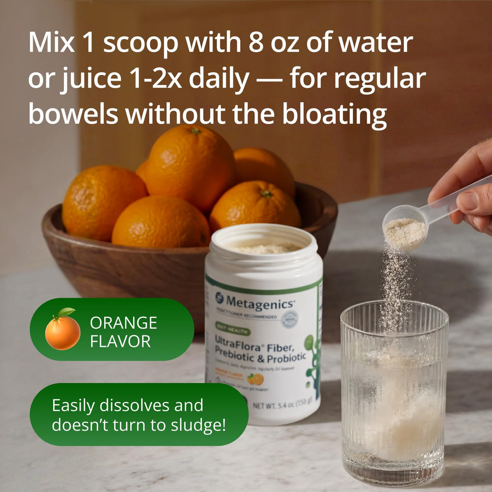 Envase Metagenics UltraFlora Fiber junto a frutas y fibra natural, origen equilibrado