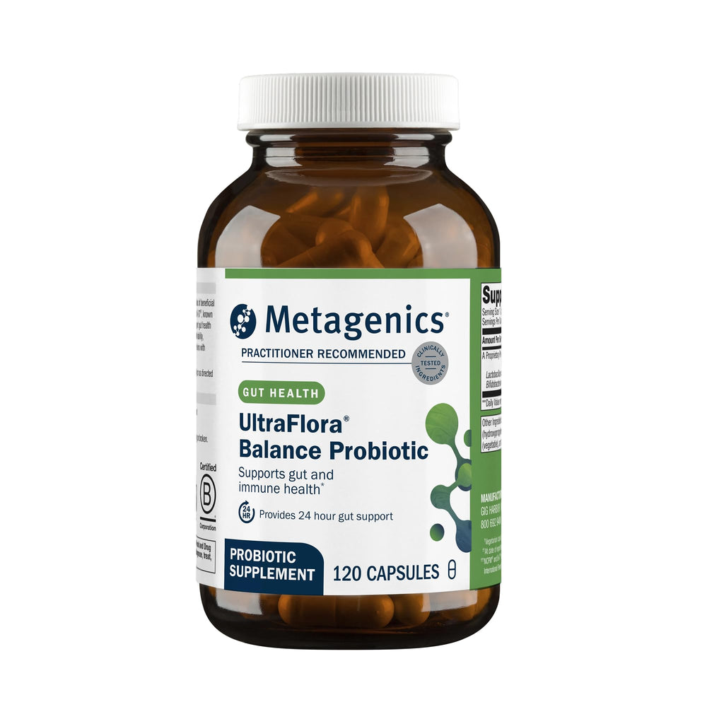 Metagenics envase frontal mostrando fórmula estable y beneficios
