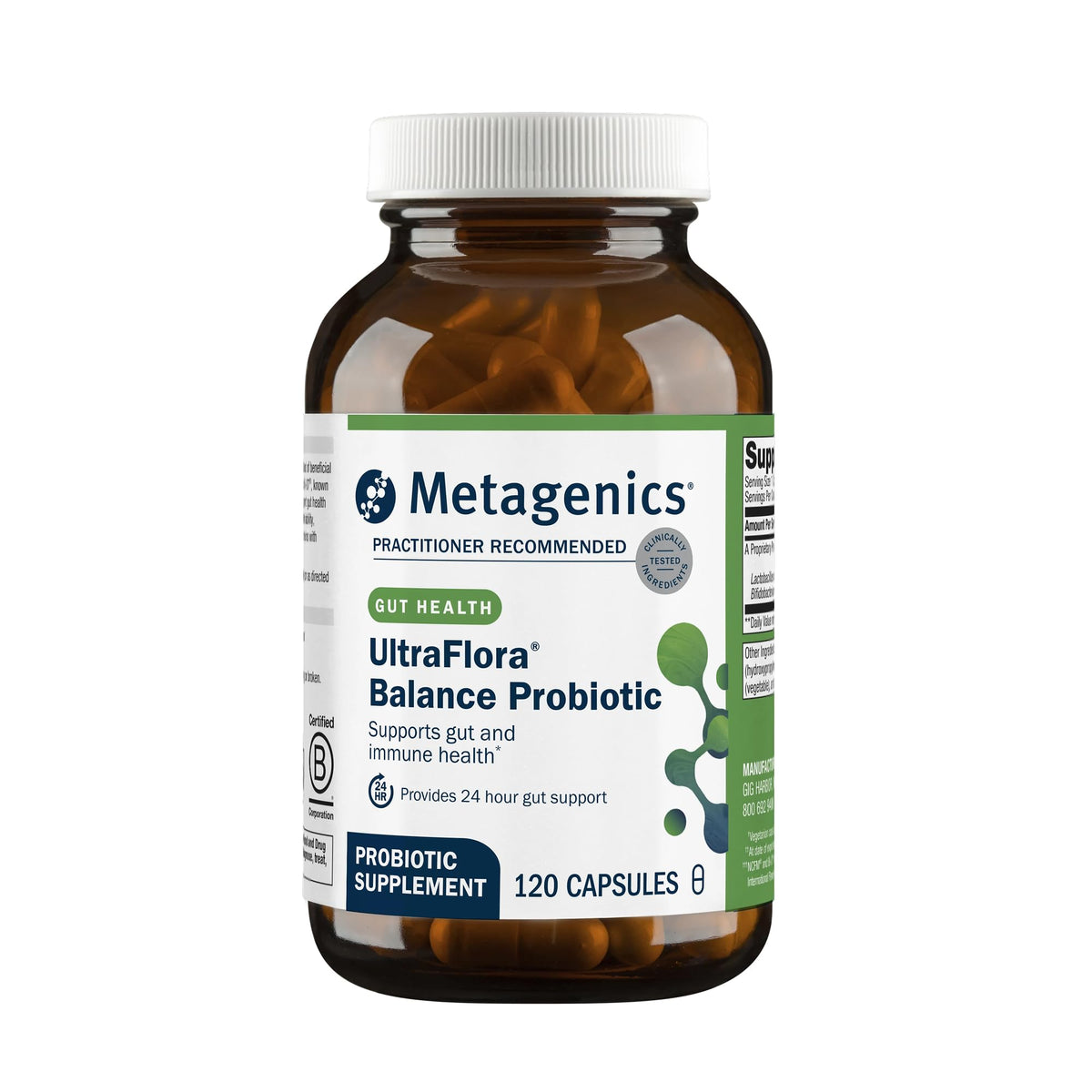 Metagenics envase frontal mostrando fórmula estable y beneficios