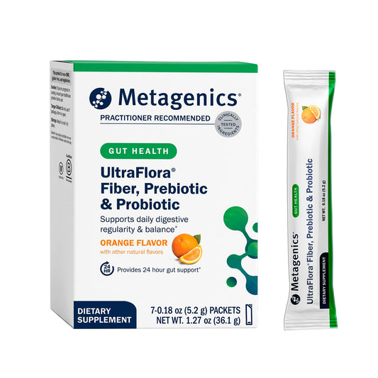 Metagenics frasco UltraFlora Fiber frente mostrando el envase informativo y beneficios