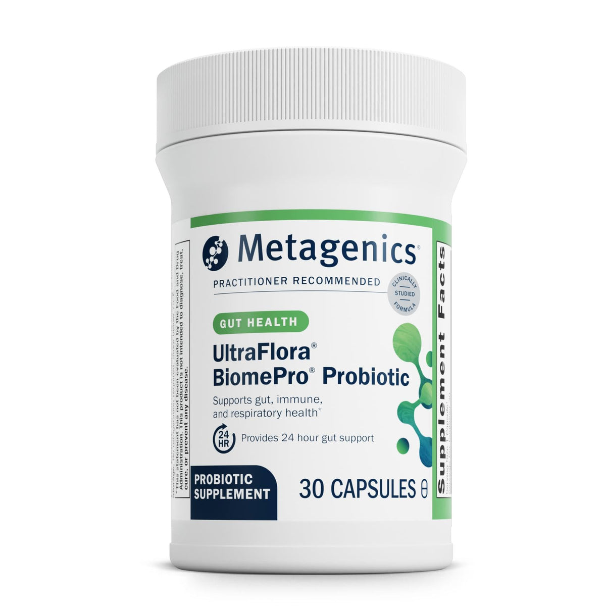 Metagenics UltraFlora frente del envase mostrando marca y beneficio de equilibrio digestivo