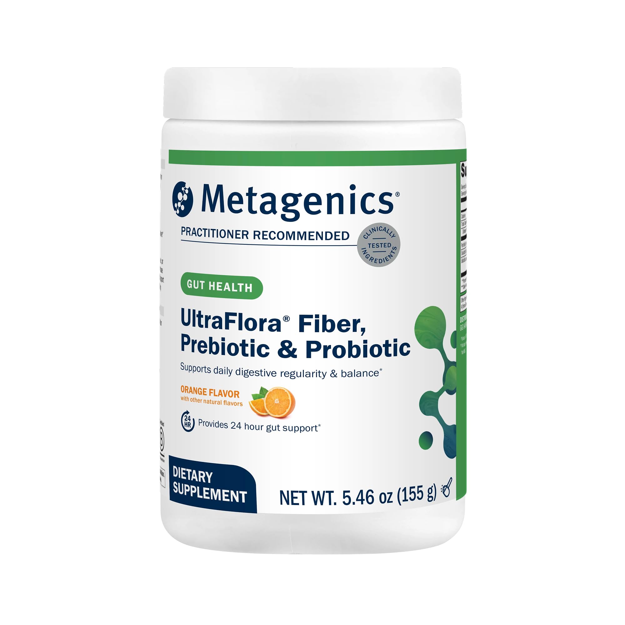 Envase Metagenics UltraFlora Fiber mostrando frontal y sabor naranja, comodidad diaria