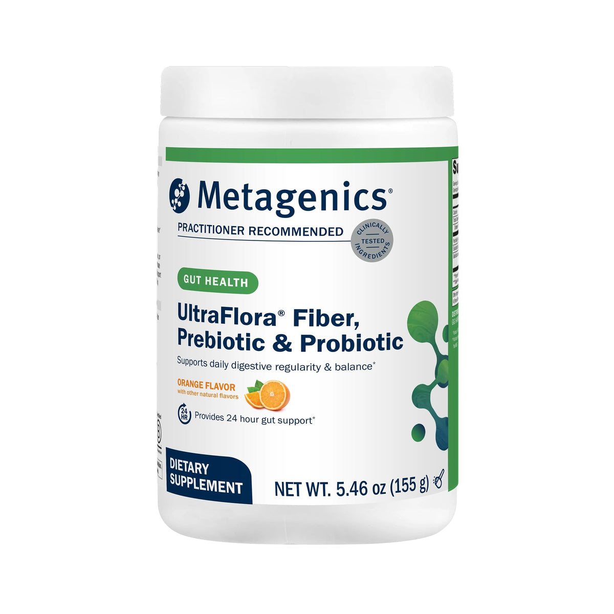 Envase Metagenics UltraFlora Fiber mostrando frontal y sabor naranja, comodidad diaria