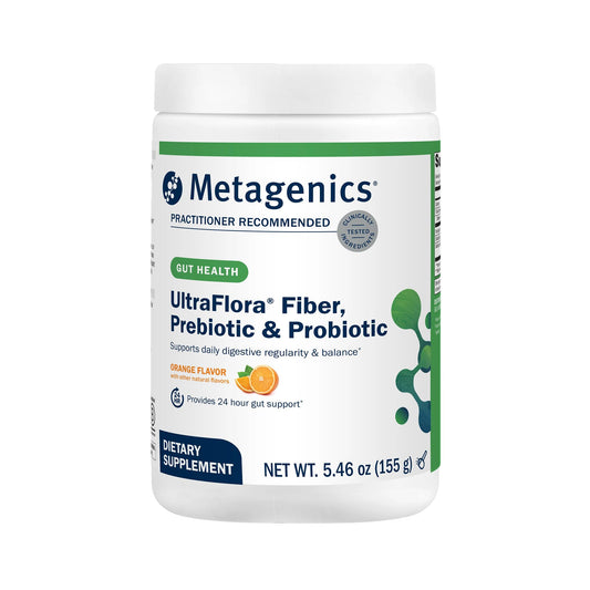 Envase Metagenics UltraFlora Fiber mostrando frontal y sabor naranja, comodidad diaria