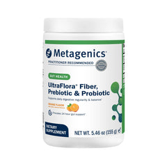 Envase Metagenics UltraFlora Fiber mostrando frontal y sabor naranja, comodidad diaria