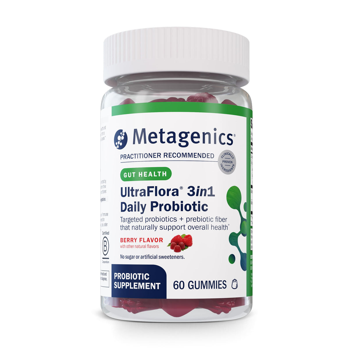 Metagenics envase frontal mostrando 60 gomitas y conveniencia diaria