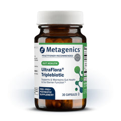 Metagenics envase frontal mostrando fórmula triplebiótica y beneficios