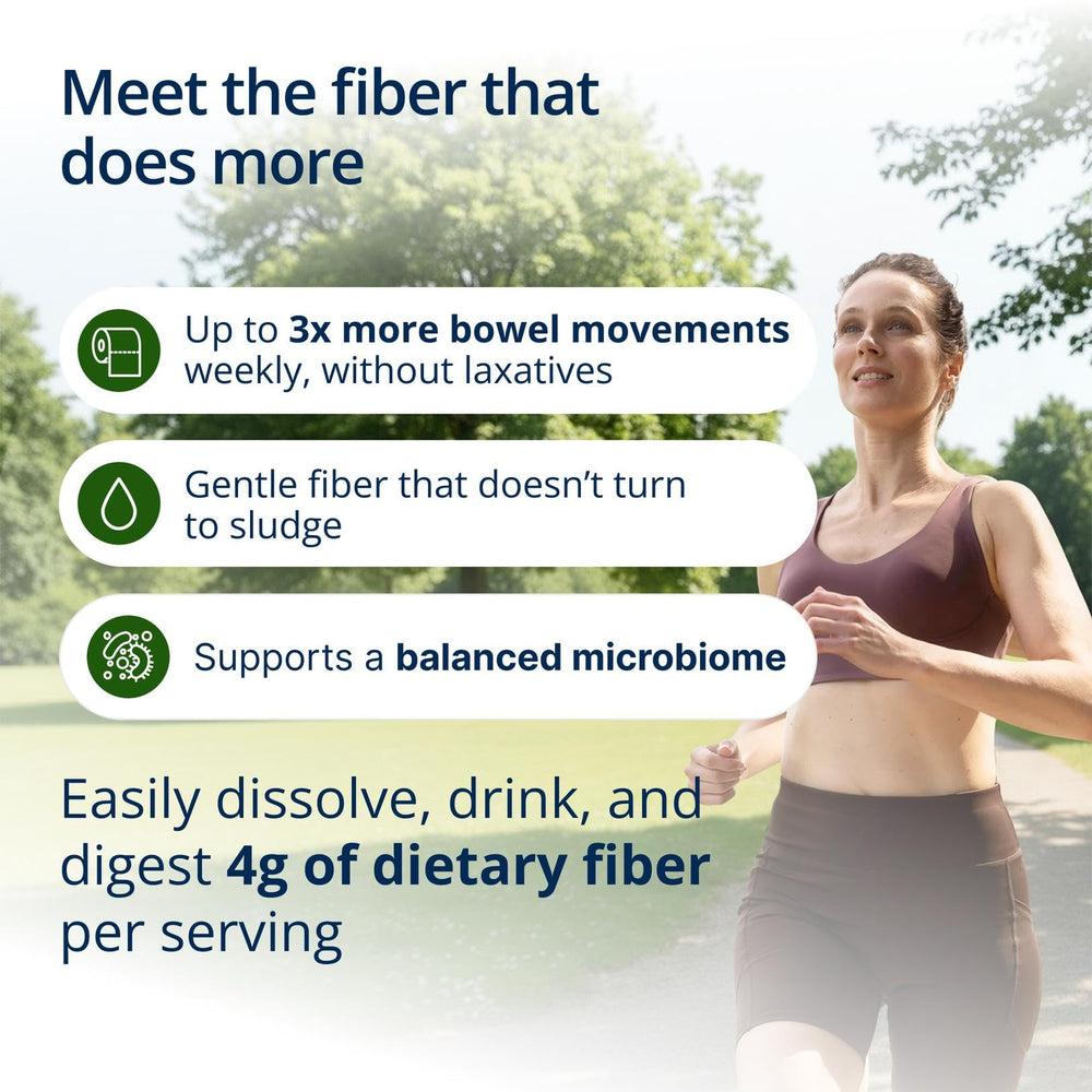 Textura del polvo UltraFlora Fiber Metagenics en primer plano, mezcla suave y fácil