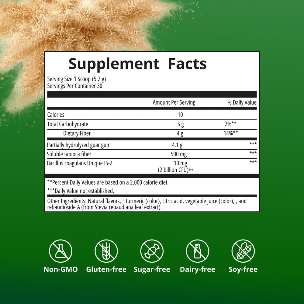 Comparación de tamaño del envase Metagenics UltraFlora Fiber y manos, 30 porciones claras