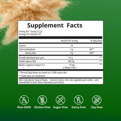Comparación de tamaño del envase Metagenics UltraFlora Fiber y manos, 30 porciones claras