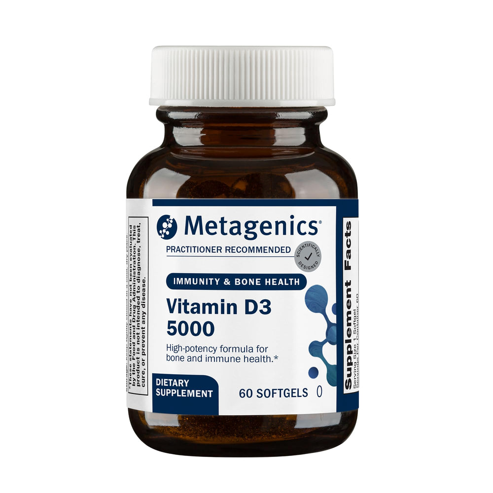 Metagenics Vitamin D3 frente del empaque mostrando marca y cantidad, confianza profesional