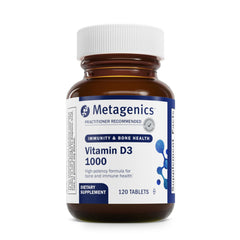 Metagenics frasco frontal mostrando etiqueta clara y beneficios