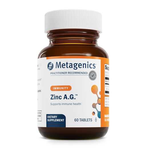Metagenics Zinc A.G. frasco frontal mostrando etiqueta y beneficios