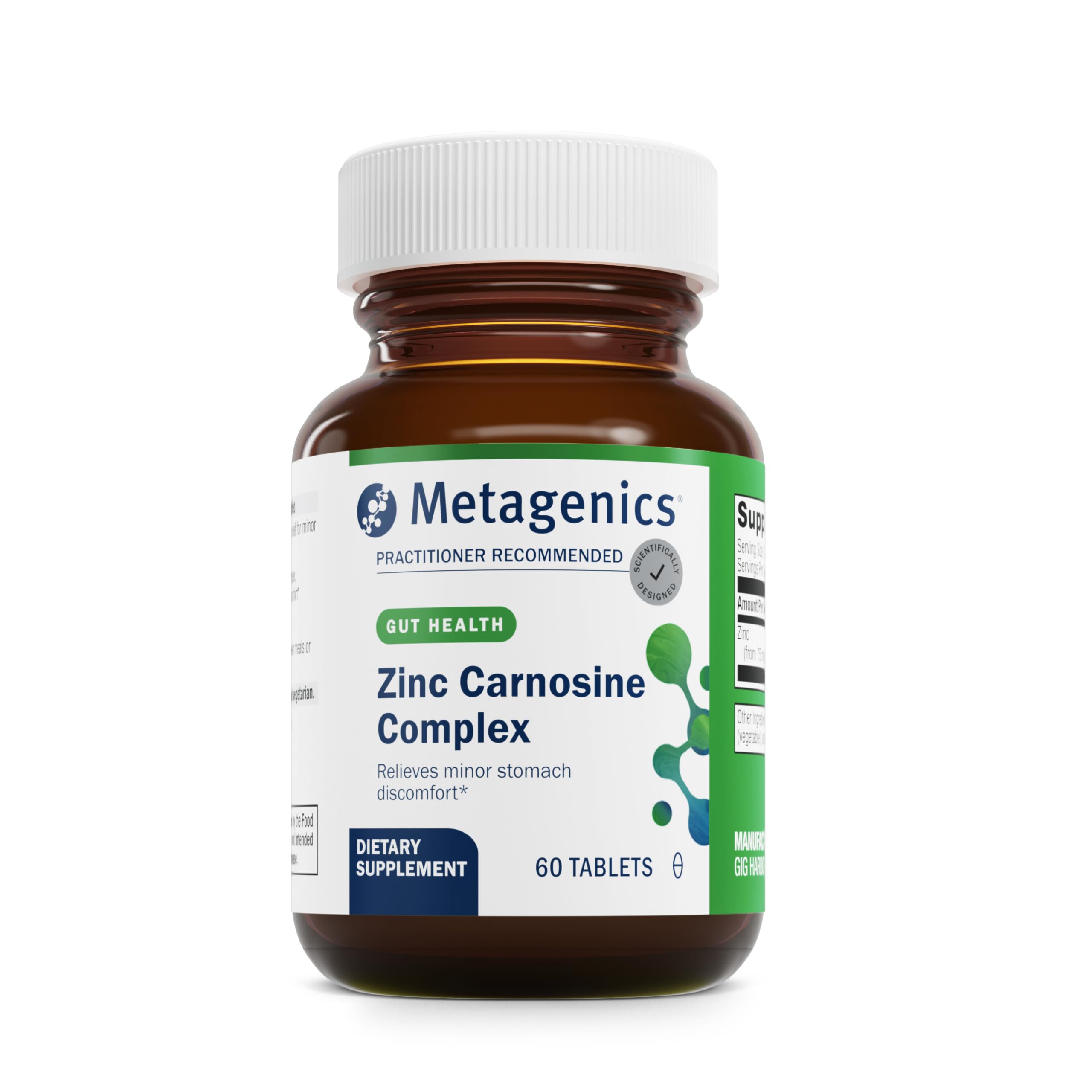 Metagenics Zinlori 75 vista frontal con envase claro y tabla de ingredientes