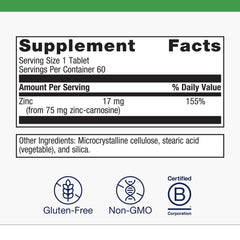 Metagenics Zinlori 75 etiqueta legible que destaca non-GMO y libre de gluten