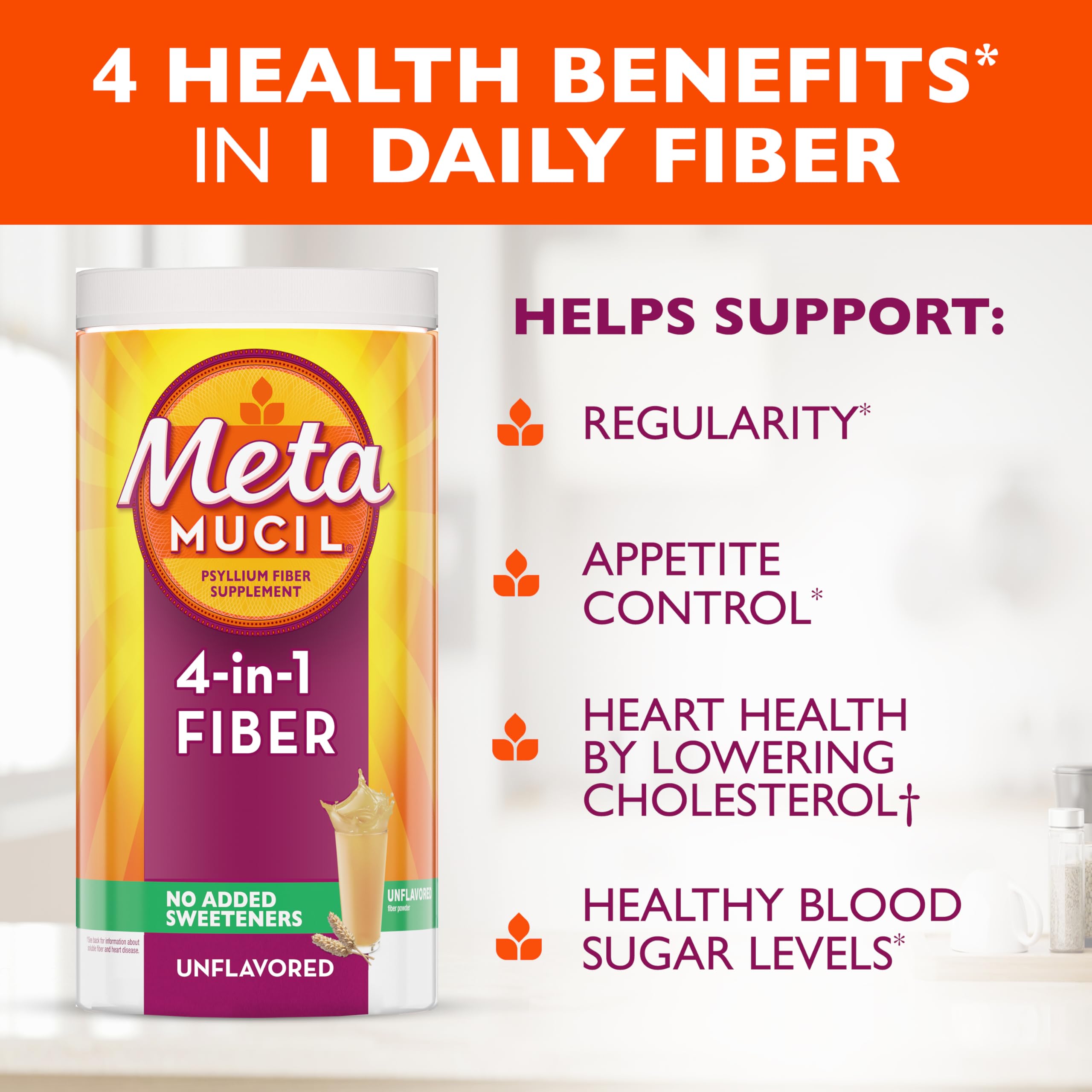 Metamucil cuchara medidora con polvo listo para servir y preparar rápidamente