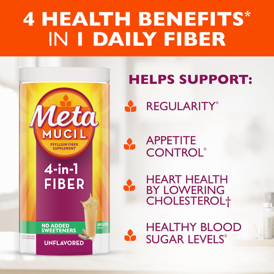 Metamucil cuchara medidora con polvo listo para servir y preparar rápidamente