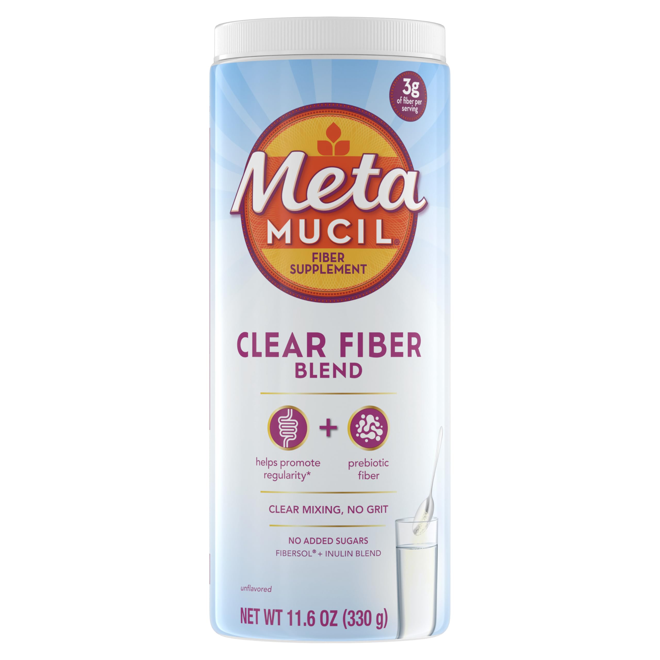 Metamucil envase frontal sin sabor mostrando presentación clara y práctica