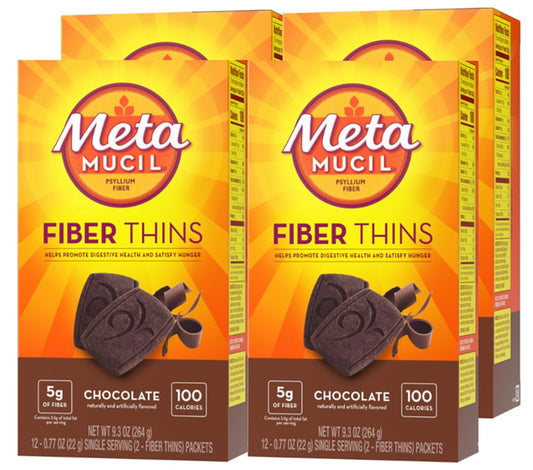 Metamucil pack frontal mostrando 4 paquetes de 12 porciones para conveniencia