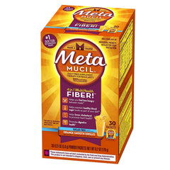 Metamucil empaque frontal mostrando 30 sobres y beneficios de fibra