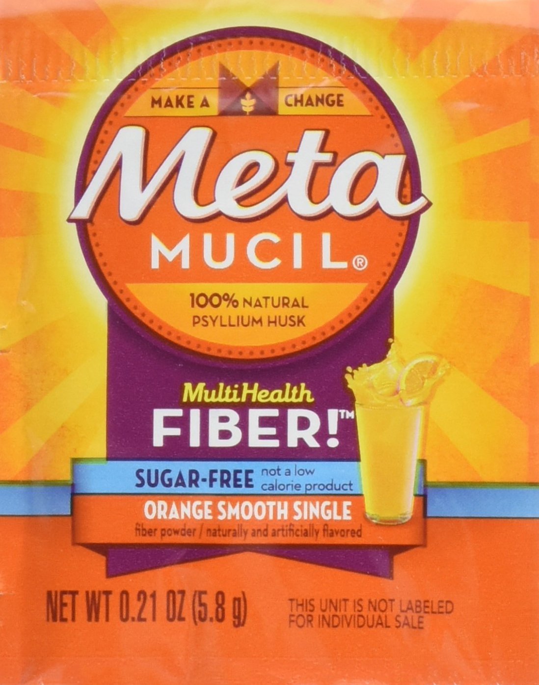 Metamucil empaque frontal mostrando 30 sobres y detalle del sabor naranja