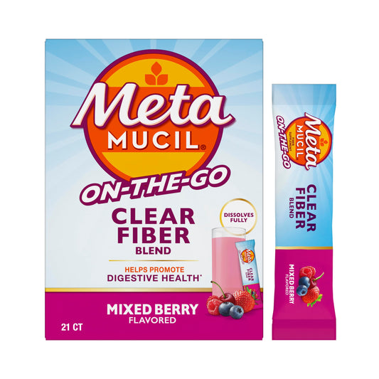 Metamucil empaque frontal mostrando sobres individuales y beneficio de conveniencia